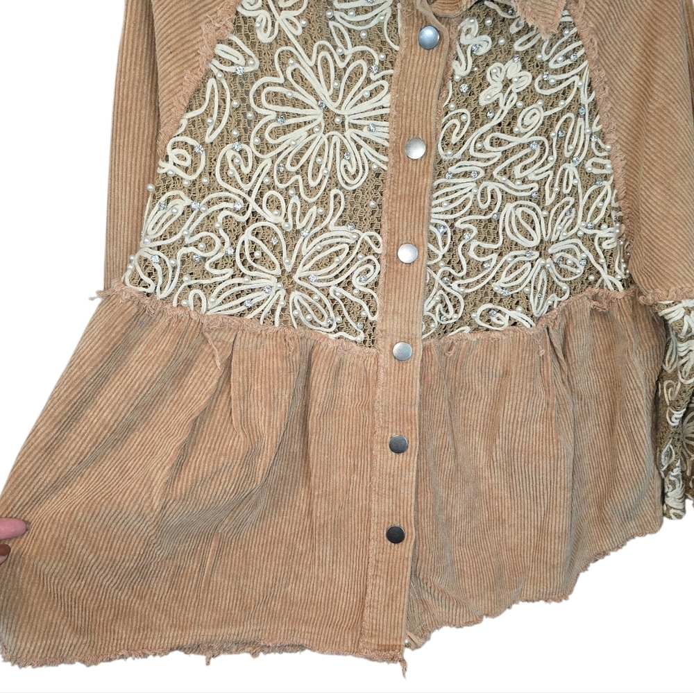 POL Tan Corduroy Button-Down Shirt with Cream Lace Detail - Picture 8 of 16